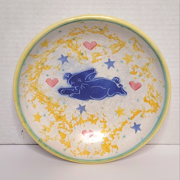 Dan Lasser Vintage Ceramic Stoneware Art Pottery Pasta Bowl Blue Rabbit Design - Picture 6 of 6